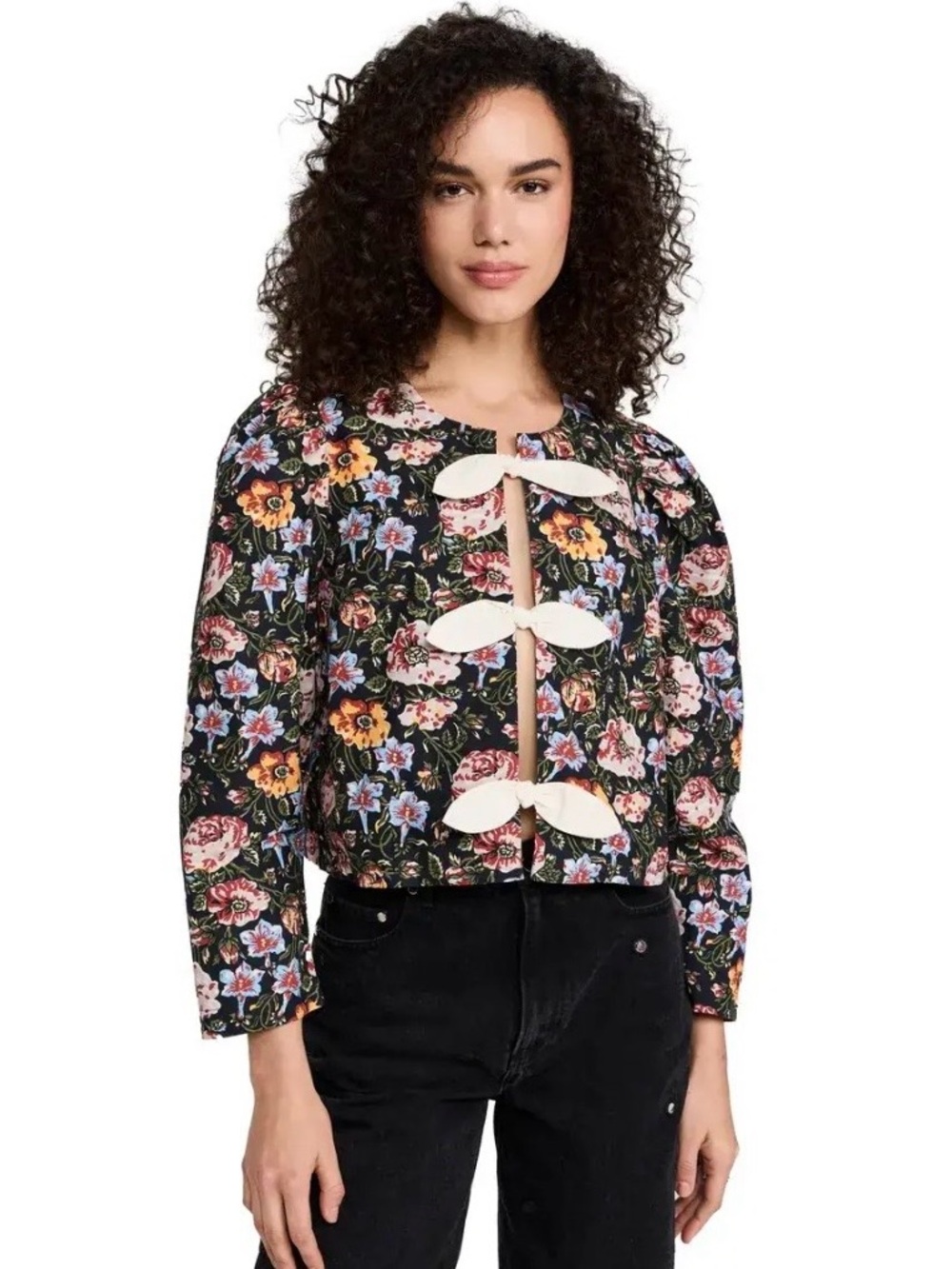 RHODE Floral Bow-Front Cropped Jacket - Black Multi